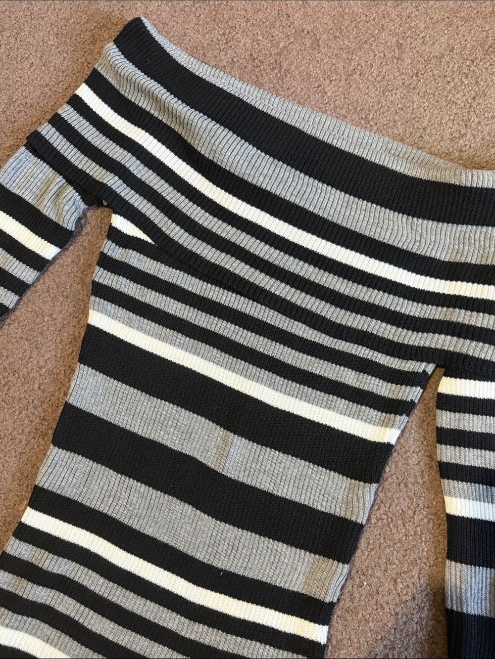 Striped Off-the-Shoulder Ribbed Sweater - Black, Gray, White - Picture 2 of 7